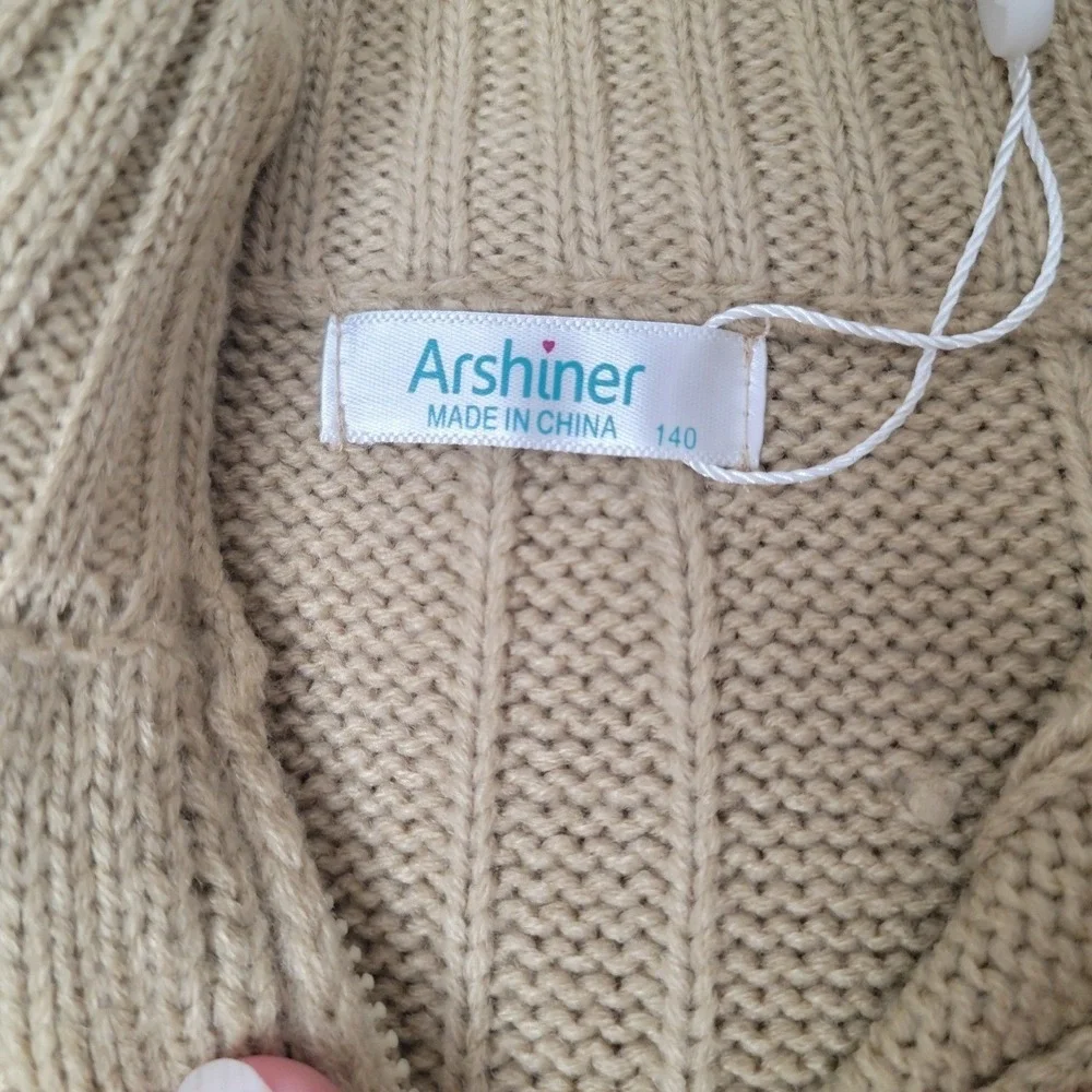 Arshiner Quarter Zip Sweater‎ Kids Size 140 Tan Cable Knit Mock Neck Pullover